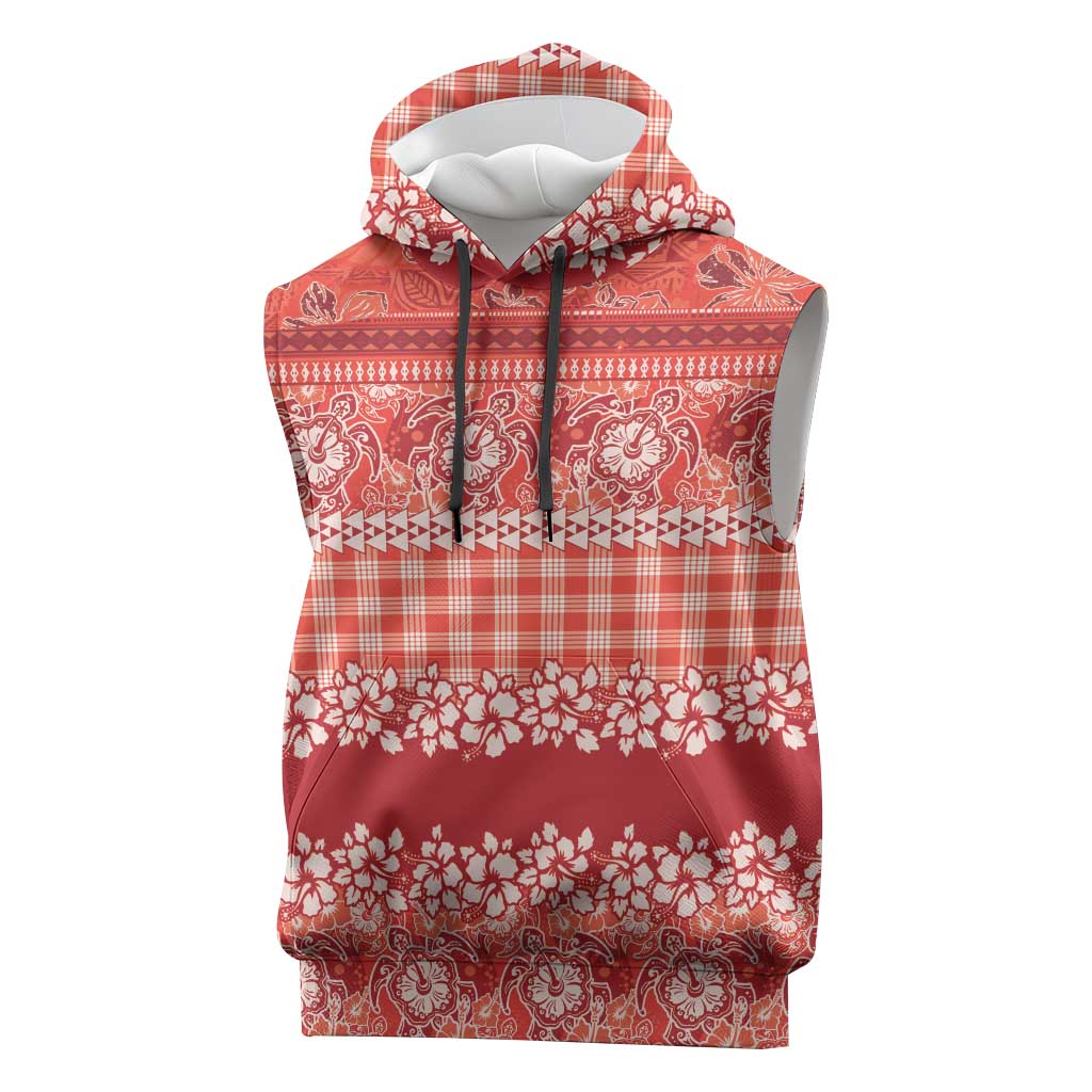 Hawaiian Hibiscus Honu Sleeveless Hoodie Red Mele Kalikimaka Palaka Spirit - Polynesian Pride