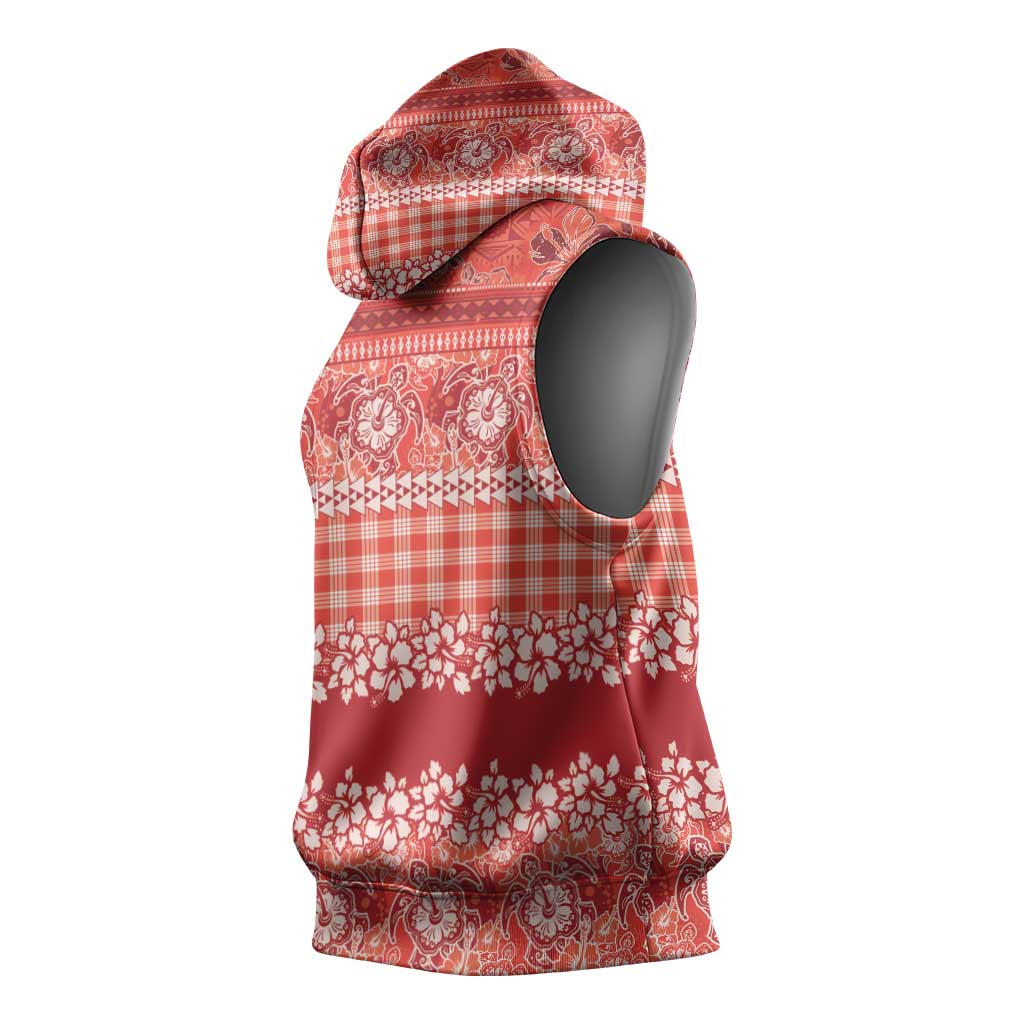 Hawaiian Hibiscus Honu Sleeveless Hoodie Red Mele Kalikimaka Palaka Spirit - Polynesian Pride