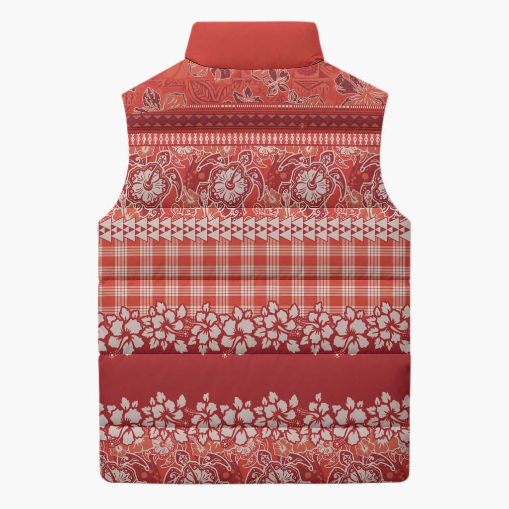 Hawaiian Hibiscus Honu Sleeveless Puffer Jacket Red Mele Kalikimaka Palaka Spirit - Polynesian Pride