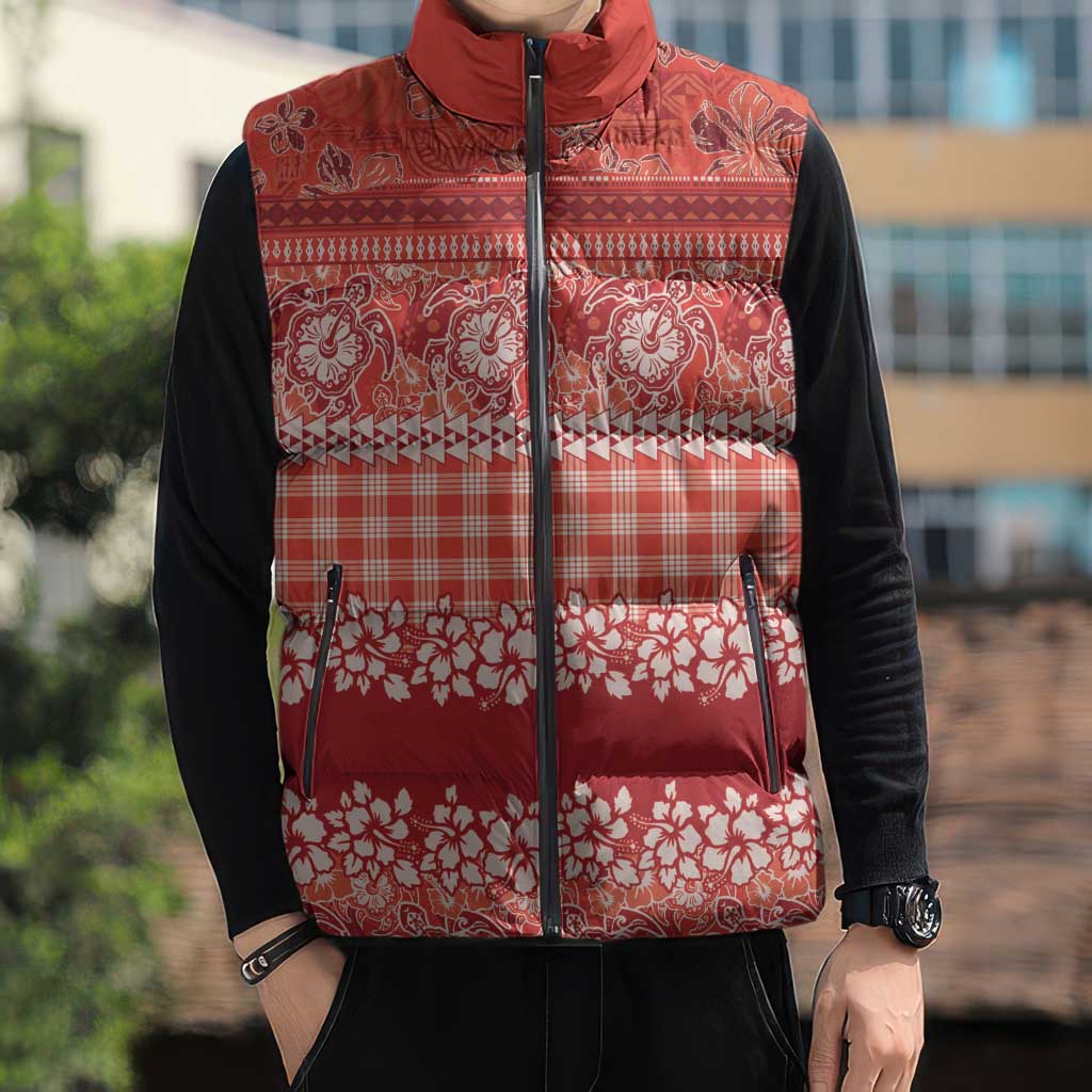 Hawaiian Hibiscus Honu Sleeveless Puffer Jacket Red Mele Kalikimaka Palaka Spirit - Polynesian Pride
