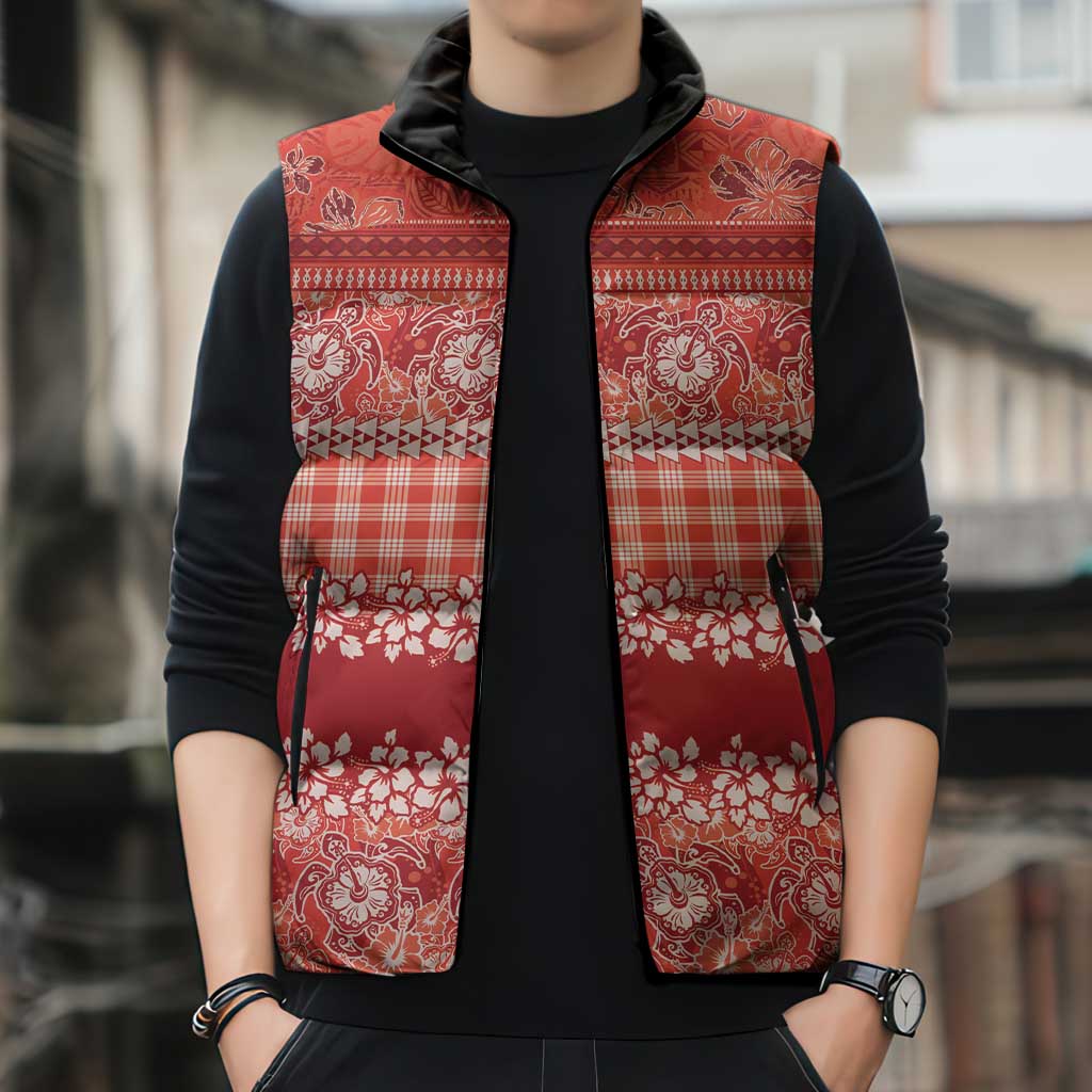 Hawaiian Hibiscus Honu Sleeveless Puffer Jacket Red Mele Kalikimaka Palaka Spirit - Polynesian Pride