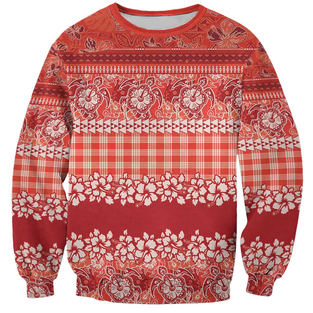 Hawaiian Hibiscus Honu Sweatshirt Red Mele Kalikimaka Palaka Spirit - Polynesian Pride