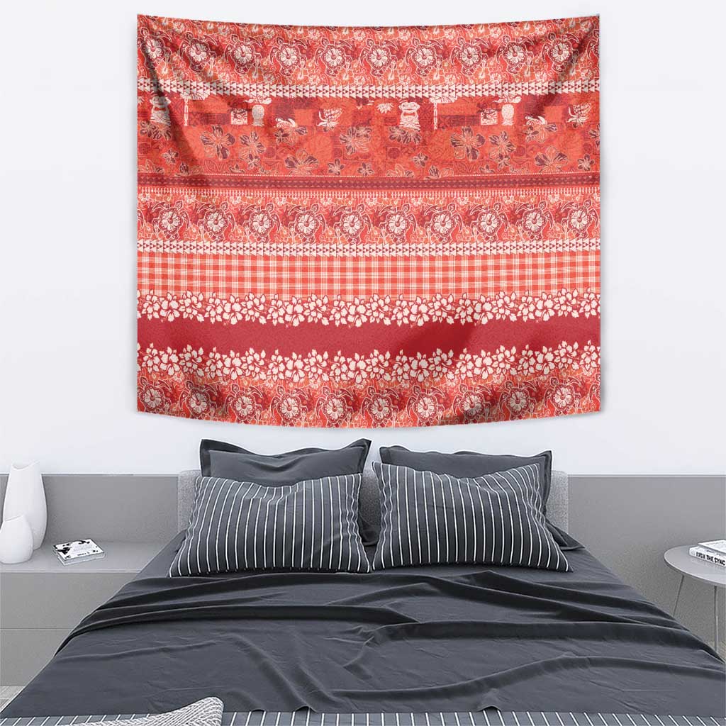 Hawaiian Hibiscus Honu Tapestry Red Mele Kalikimaka Palaka Spirit - Polynesian Pride