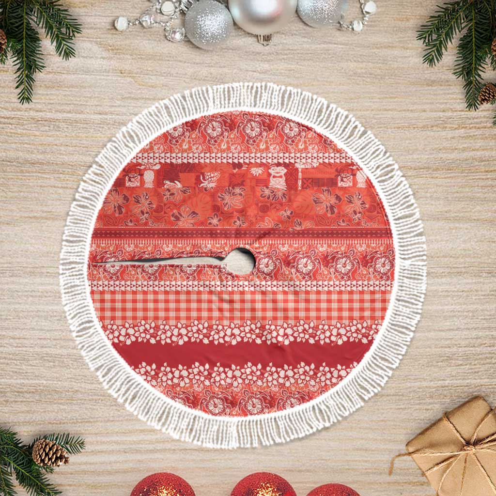 Hawaiian Hibiscus Honu Tree Skirt Red Mele Kalikimaka Palaka Spirit - Polynesian Pride