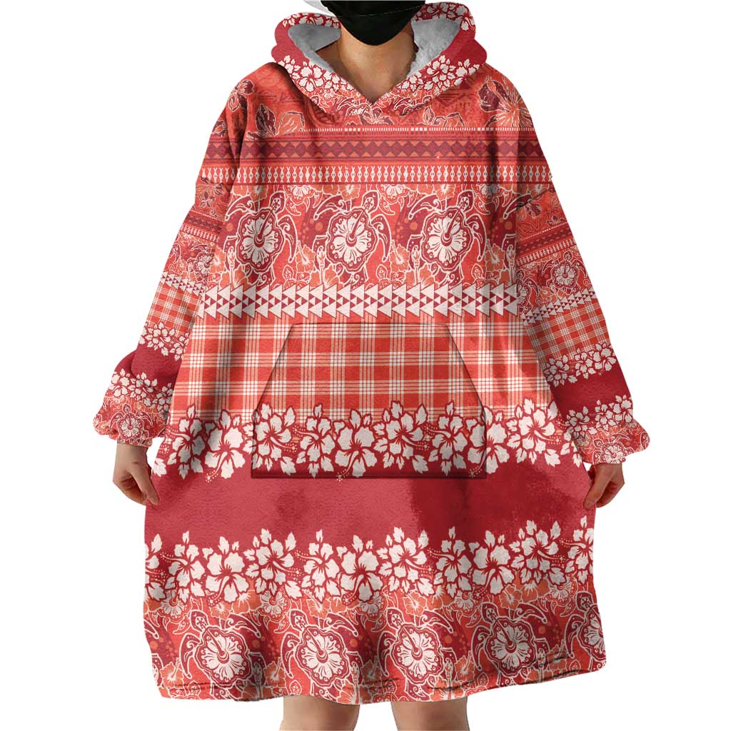 Hawaiian Hibiscus Honu Wearable Blanket Hoodie Red Mele Kalikimaka Palaka Spirit - Polynesian Pride