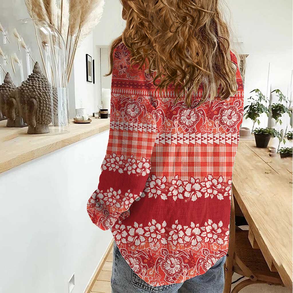 Hawaiian Hibiscus Honu Women Casual Shirt Red Mele Kalikimaka Palaka Spirit - Polynesian Pride