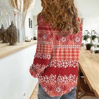 Hawaiian Hibiscus Honu Women Casual Shirt Red Mele Kalikimaka Palaka Spirit - Polynesian Pride