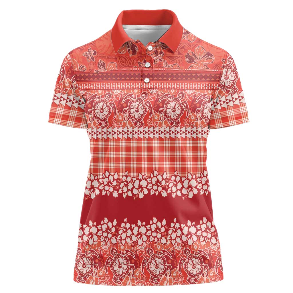Hawaiian Hibiscus Honu Women Polo Shirt Red Mele Kalikimaka Palaka Spirit - Polynesian Pride