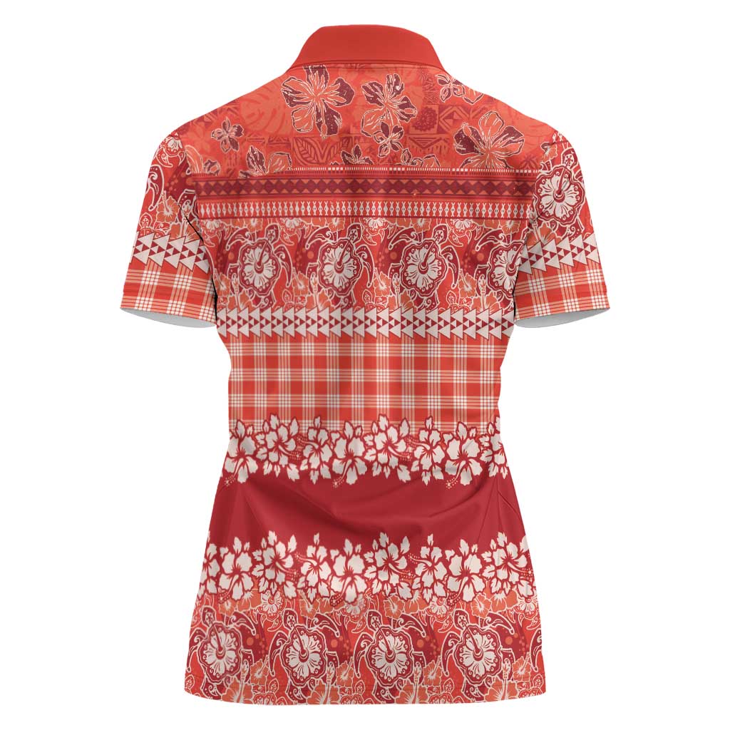 Hawaiian Hibiscus Honu Women Polo Shirt Red Mele Kalikimaka Palaka Spirit - Polynesian Pride