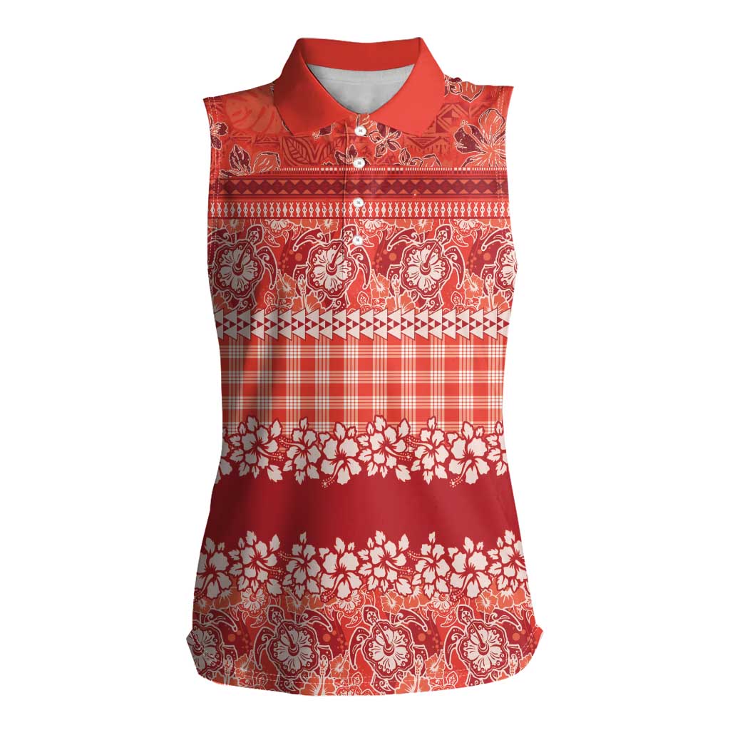 Hawaiian Hibiscus Honu Women Sleeveless Polo Shirt Red Mele Kalikimaka Palaka Spirit - Polynesian Pride
