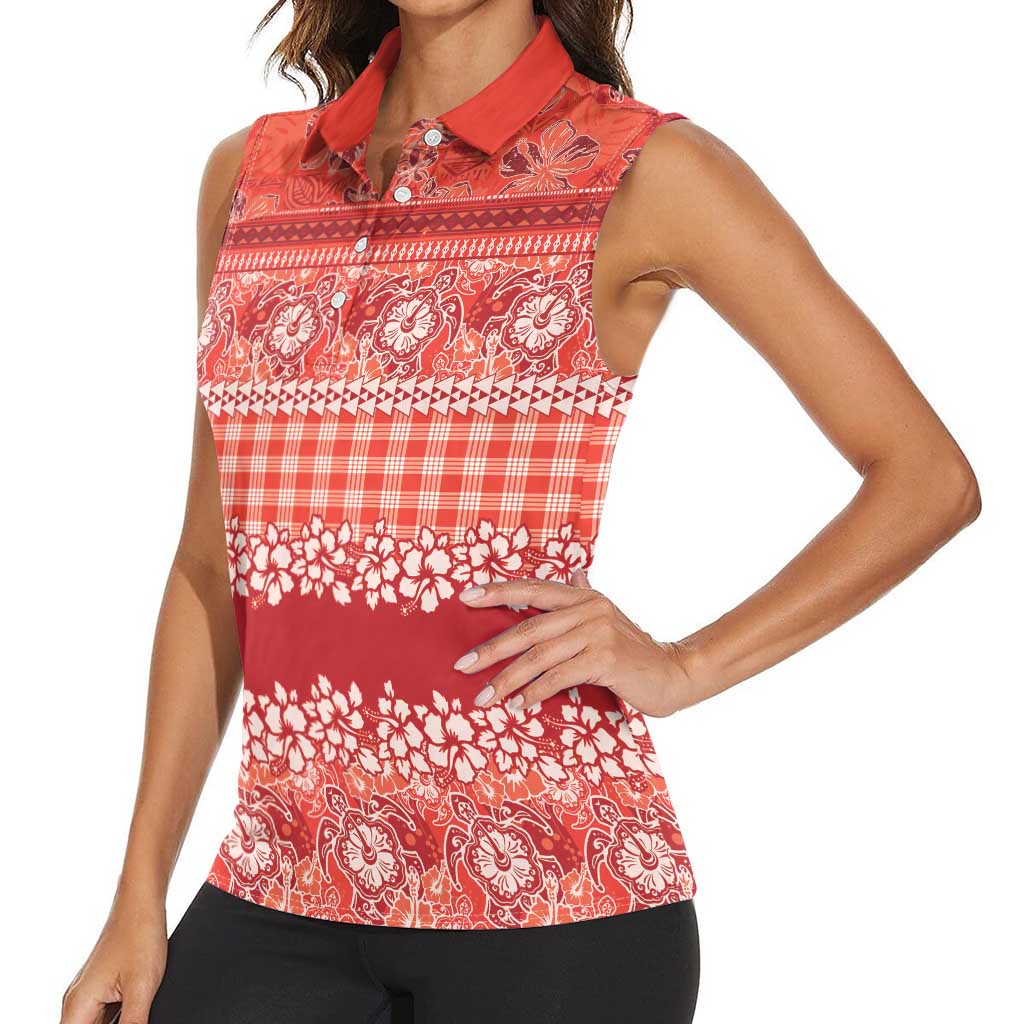 Hawaiian Hibiscus Honu Women Sleeveless Polo Shirt Red Mele Kalikimaka Palaka Spirit LT9 - Polynesian Pride