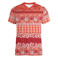 Hawaiian Hibiscus Honu Women V-Neck T-Shirt Red Mele Kalikimaka Palaka Spirit - Polynesian Pride