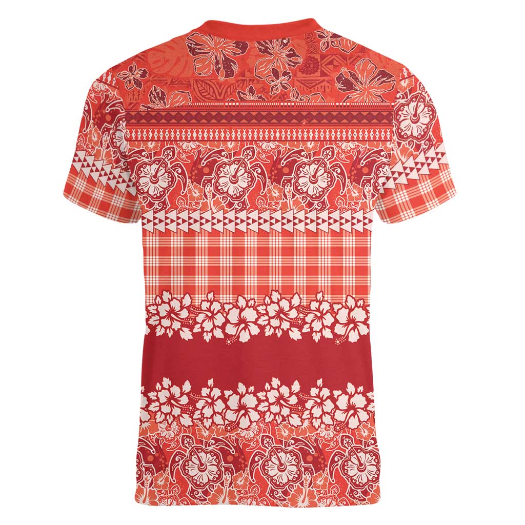 Hawaiian Hibiscus Honu Women V-Neck T-Shirt Red Mele Kalikimaka Palaka Spirit - Polynesian Pride