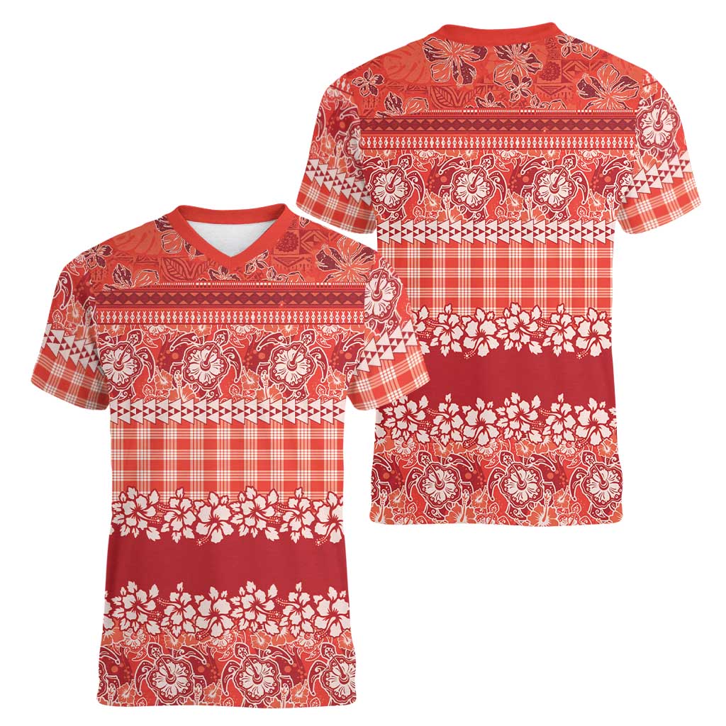 Hawaiian Hibiscus Honu Women V-Neck T-Shirt Red Mele Kalikimaka Palaka Spirit - Polynesian Pride