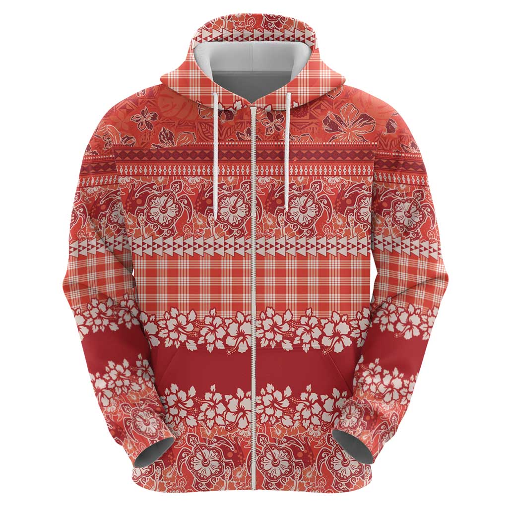 Hawaiian Hibiscus Honu Zip Hoodie Red Mele Kalikimaka Palaka Spirit - Polynesian Pride