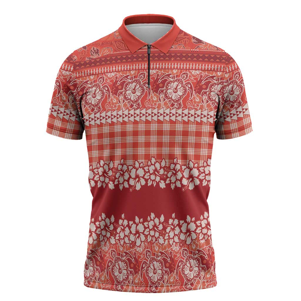Hawaiian Hibiscus Honu Zipper Polo Shirt Red Mele Kalikimaka Palaka Spirit - Polynesian Pride