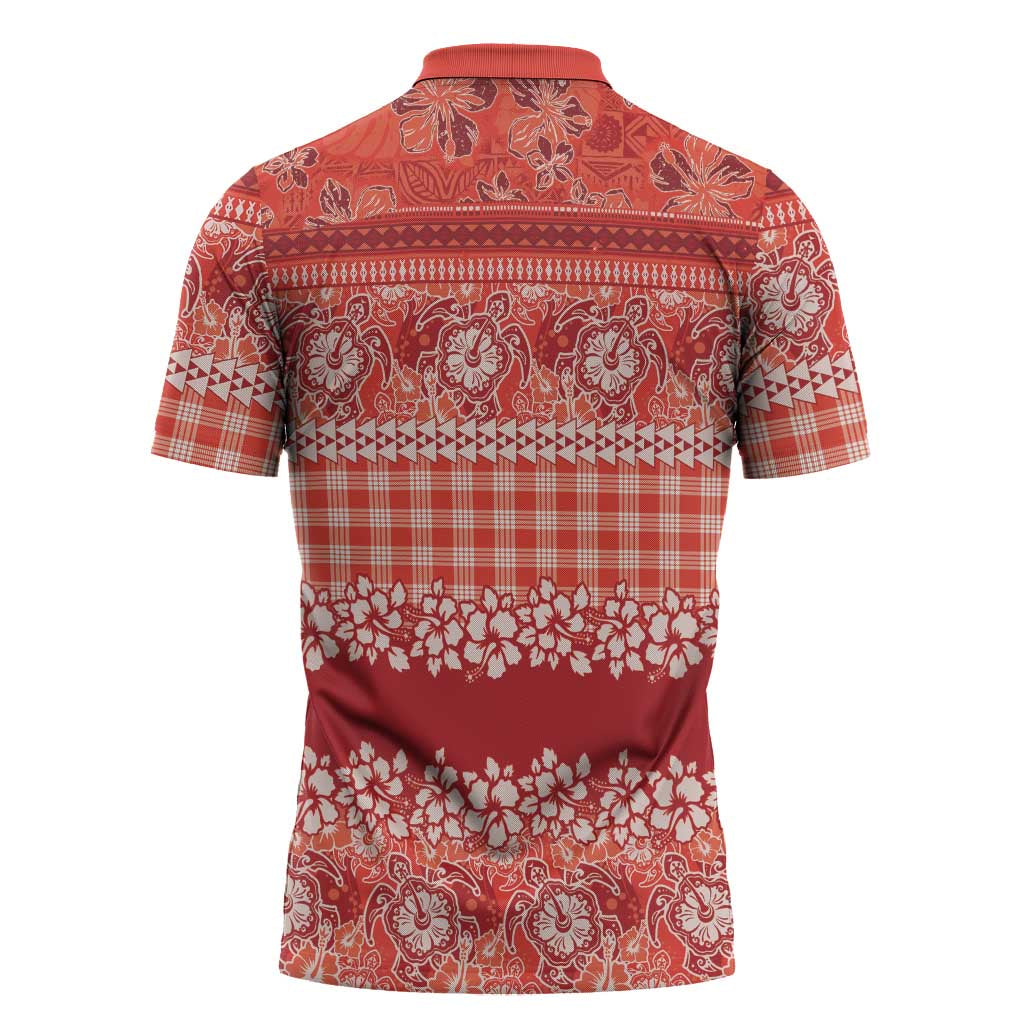 Hawaiian Hibiscus Honu Zipper Polo Shirt Red Mele Kalikimaka Palaka Spirit - Polynesian Pride