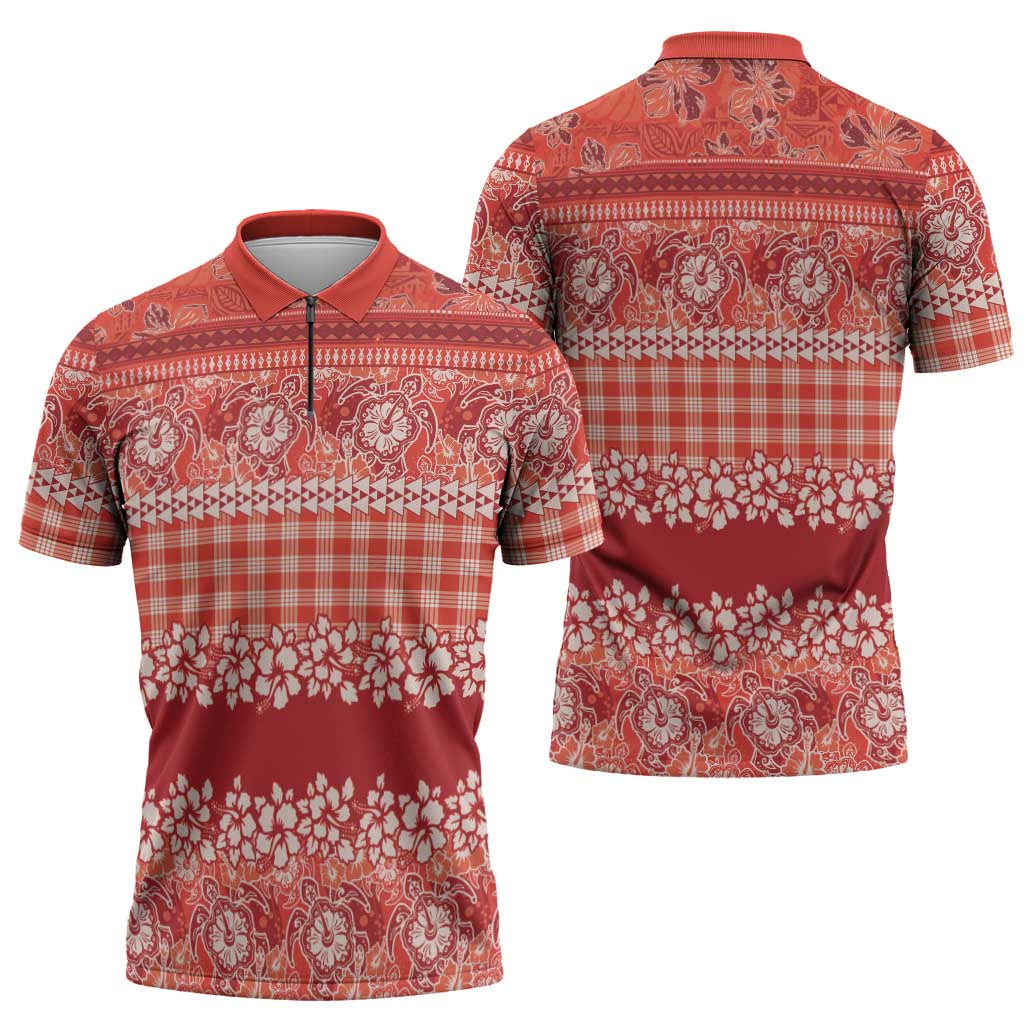 Hawaiian Hibiscus Honu Zipper Polo Shirt Red Mele Kalikimaka Palaka Spirit - Polynesian Pride