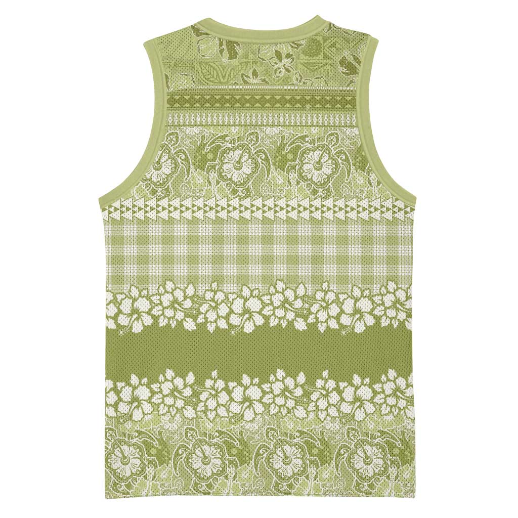 Hawaiian Hibiscus Honu Basketball Jersey Sage Green Mele Kalikimaka Palaka Spirit - Polynesian Pride