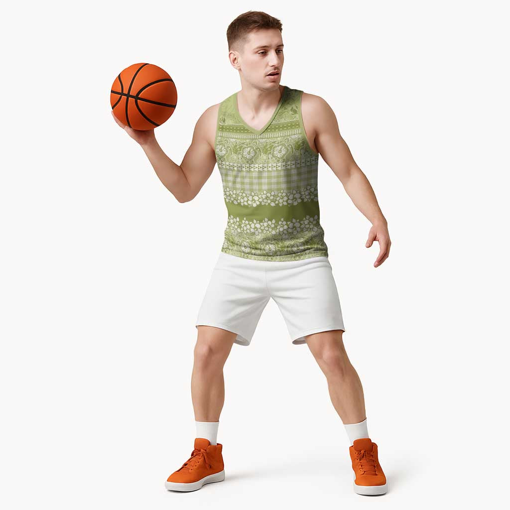 Hawaiian Hibiscus Honu Basketball Jersey Sage Green Mele Kalikimaka Palaka Spirit - Polynesian Pride