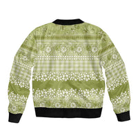 Hawaiian Hibiscus Honu Bomber Jacket Sage Green Mele Kalikimaka Palaka Spirit - Polynesian Pride