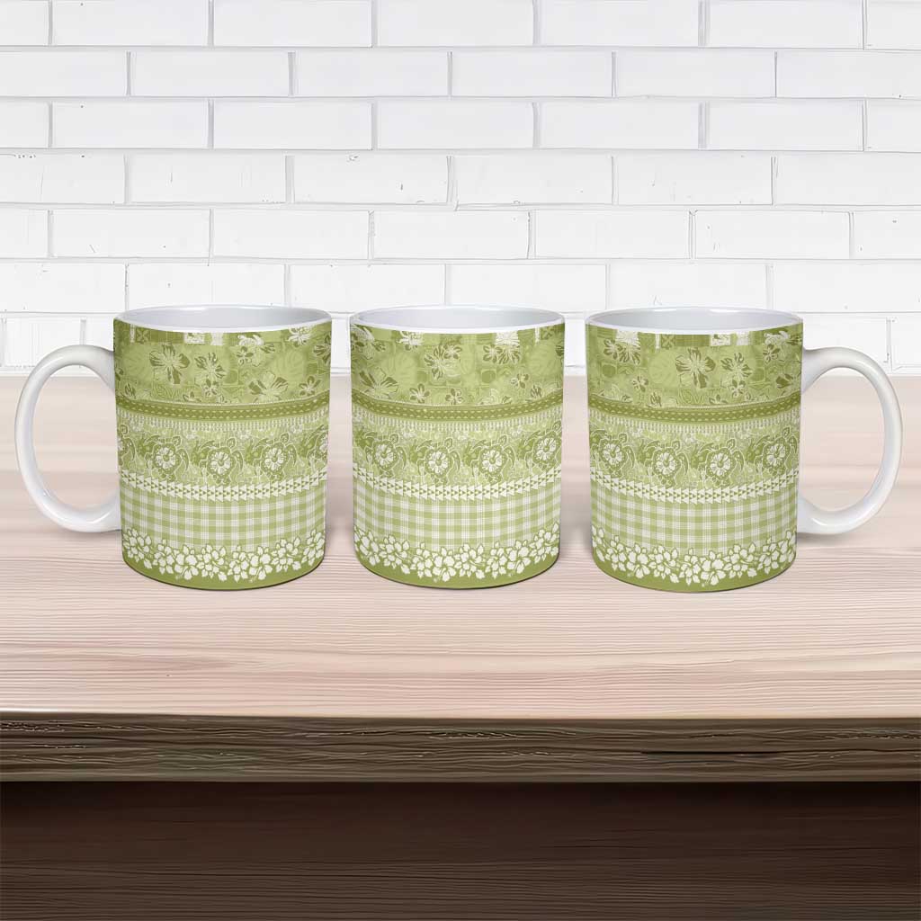 Hawaiian Hibiscus Honu Ceramic Mug Sage Green Mele Kalikimaka Palaka Spirit - Polynesian Pride