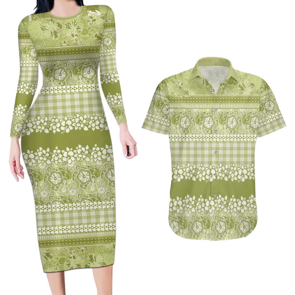 Hawaiian Hibiscus Honu Couples Matching Long Sleeve Bodycon Dress and Hawaiian Shirt Sage Green Mele Kalikimaka Palaka Spirit LT9 Sage Green - Polynesian Pride