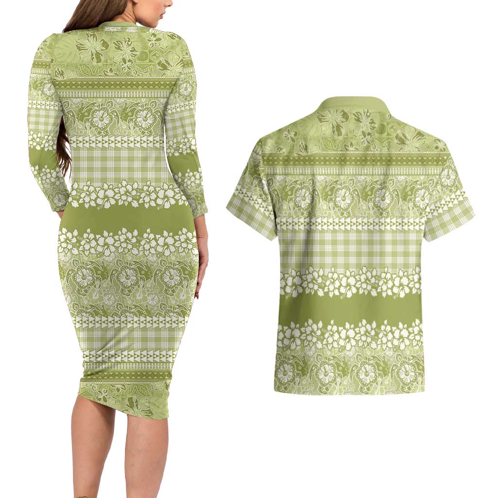 Hawaiian Hibiscus Honu Couples Matching Long Sleeve Bodycon Dress and Hawaiian Shirt Sage Green Mele Kalikimaka Palaka Spirit LT9 - Polynesian Pride