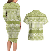 Hawaiian Hibiscus Honu Couples Matching Long Sleeve Bodycon Dress and Hawaiian Shirt Sage Green Mele Kalikimaka Palaka Spirit LT9 - Polynesian Pride
