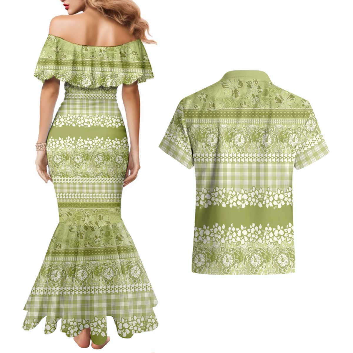 Hawaiian Hibiscus Honu Couples Matching Mermaid Dress and Hawaiian Shirt Sage Green Mele Kalikimaka Palaka Spirit LT9 - Polynesian Pride