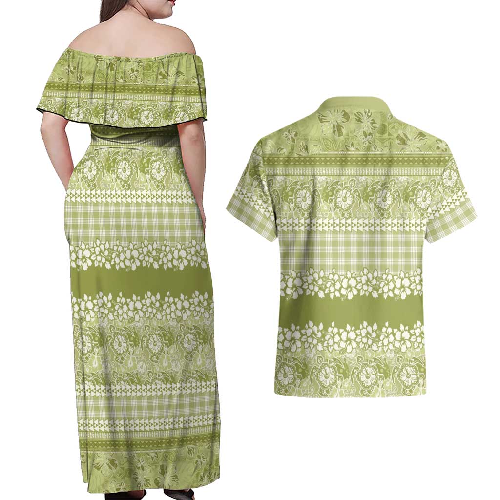 Hawaiian Hibiscus Honu Couples Matching Off Shoulder Maxi Dress and Hawaiian Shirt Sage Green Mele Kalikimaka Palaka Spirit LT9 - Polynesian Pride