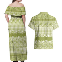 Hawaiian Hibiscus Honu Couples Matching Off Shoulder Maxi Dress and Hawaiian Shirt Sage Green Mele Kalikimaka Palaka Spirit LT9 - Polynesian Pride