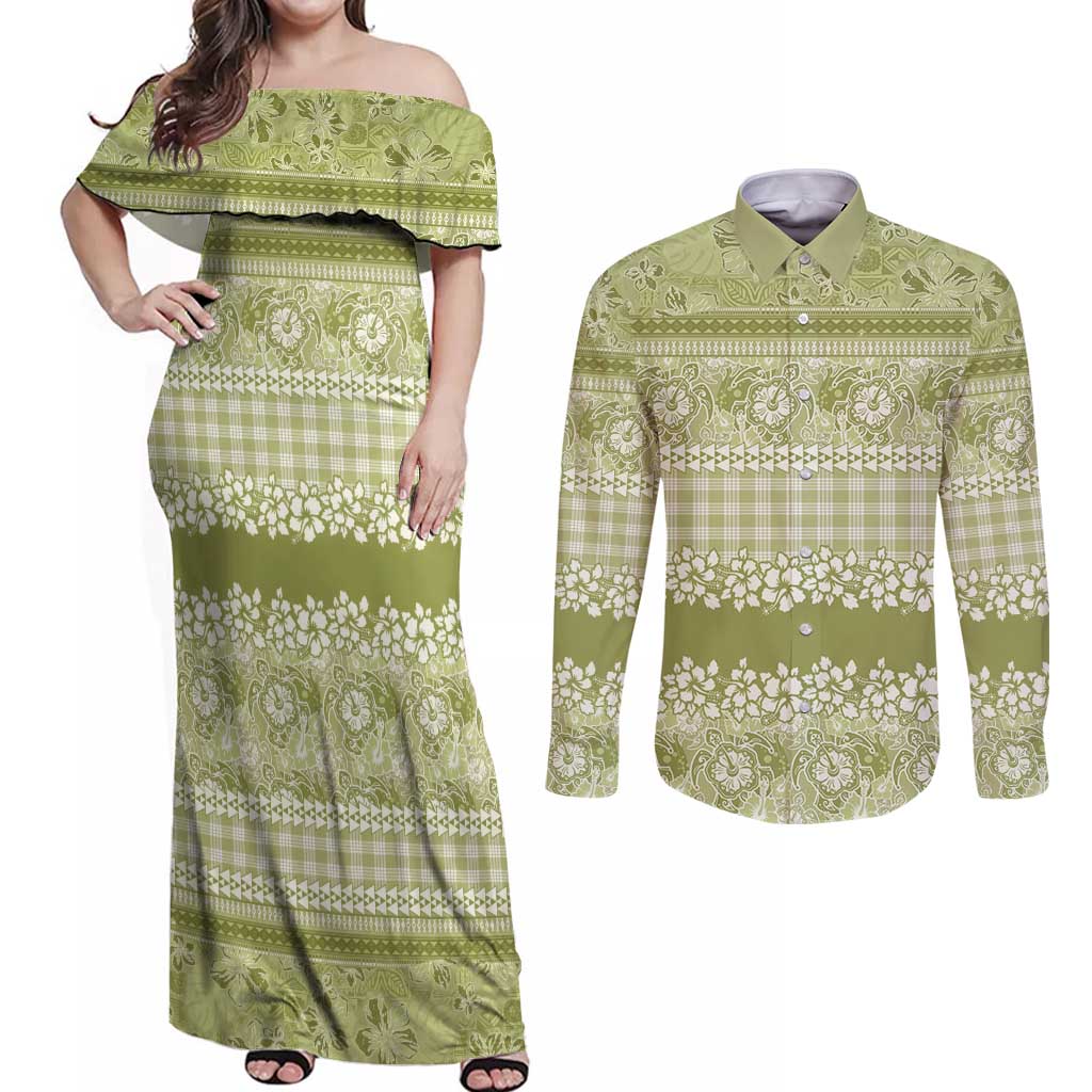 Hawaiian Hibiscus Honu Couples Matching Off Shoulder Maxi Dress and Long Sleeve Button Shirt Sage Green Mele Kalikimaka Palaka Spirit LT9 Sage Green - Polynesian Pride