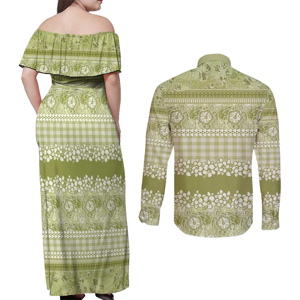 Hawaiian Hibiscus Honu Couples Matching Off Shoulder Maxi Dress and Long Sleeve Button Shirt Sage Green Mele Kalikimaka Palaka Spirit LT9 - Polynesian Pride