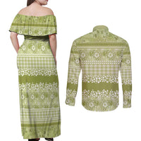 Hawaiian Hibiscus Honu Couples Matching Off Shoulder Maxi Dress and Long Sleeve Button Shirt Sage Green Mele Kalikimaka Palaka Spirit LT9 - Polynesian Pride