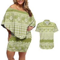 Hawaiian Hibiscus Honu Couples Matching Off Shoulder Short Dress and Hawaiian Shirt Sage Green Mele Kalikimaka Palaka Spirit LT9 Sage Green - Polynesian Pride