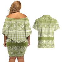 Hawaiian Hibiscus Honu Couples Matching Off Shoulder Short Dress and Hawaiian Shirt Sage Green Mele Kalikimaka Palaka Spirit LT9 - Polynesian Pride