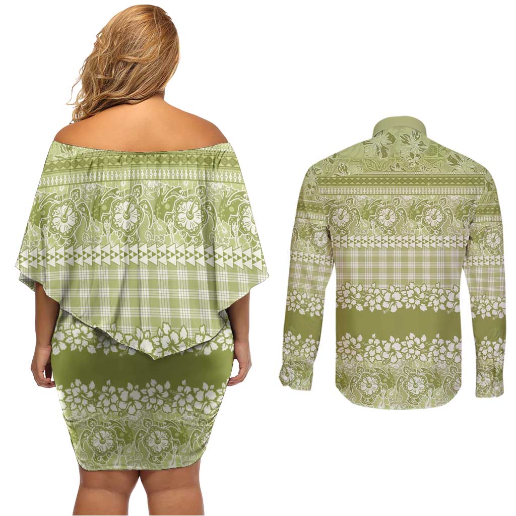 Hawaiian Hibiscus Honu Couples Matching Off Shoulder Short Dress and Long Sleeve Button Shirt Sage Green Mele Kalikimaka Palaka Spirit LT9 - Polynesian Pride