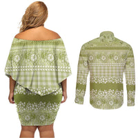 Hawaiian Hibiscus Honu Couples Matching Off Shoulder Short Dress and Long Sleeve Button Shirt Sage Green Mele Kalikimaka Palaka Spirit LT9 - Polynesian Pride