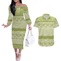 Hawaiian Hibiscus Honu Couples Matching Off The Shoulder Long Sleeve Dress and Hawaiian Shirt Sage Green Mele Kalikimaka Palaka Spirit LT9 Sage Green - Polynesian Pride