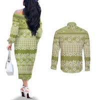 Hawaiian Hibiscus Honu Couples Matching Off The Shoulder Long Sleeve Dress and Long Sleeve Button Shirt Sage Green Mele Kalikimaka Palaka Spirit LT9 - Polynesian Pride