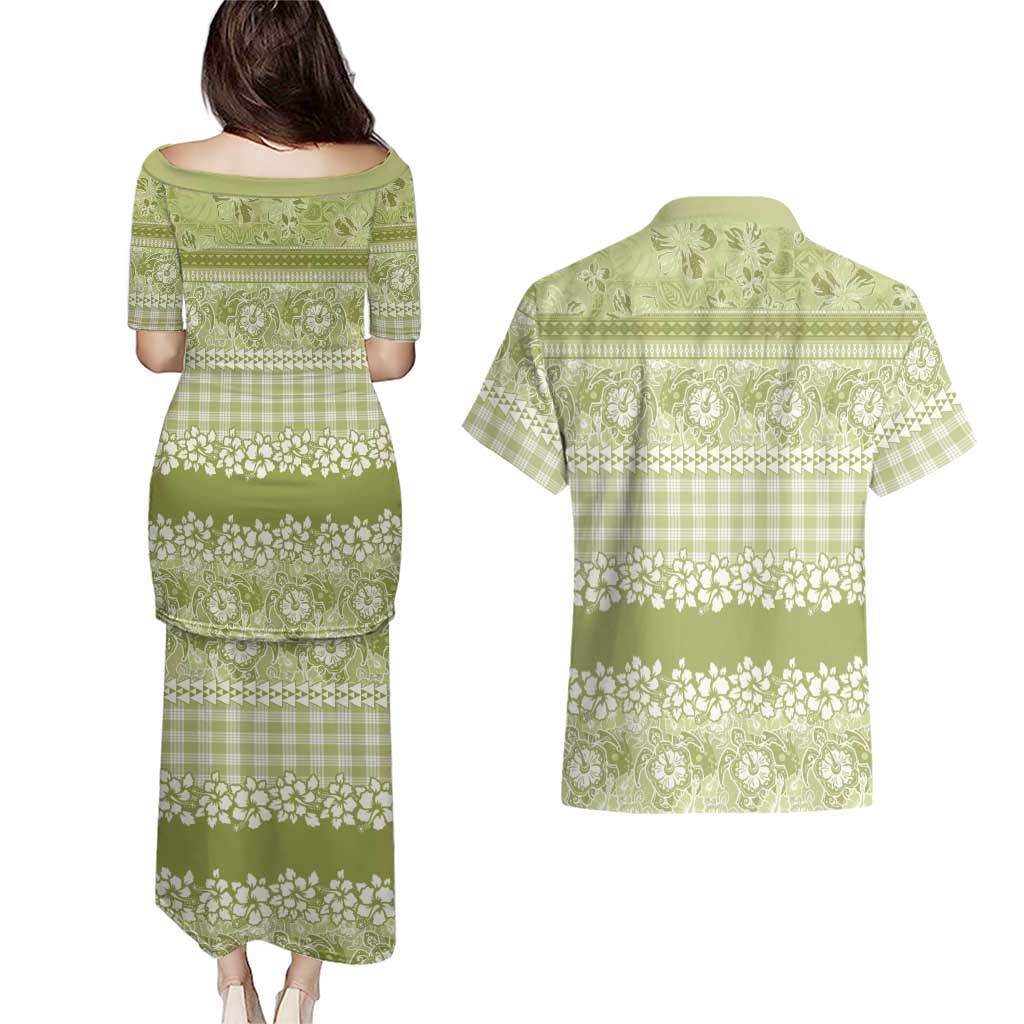 Hawaiian Hibiscus Honu Couples Matching Puletasi and Hawaiian Shirt Sage Green Mele Kalikimaka Palaka Spirit LT9 - Polynesian Pride