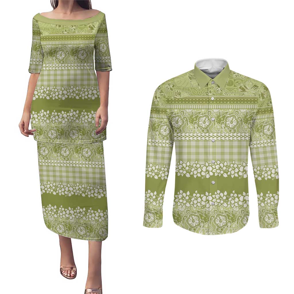 Hawaiian Hibiscus Honu Couples Matching Puletasi and Long Sleeve Button Shirt Sage Green Mele Kalikimaka Palaka Spirit - Polynesian Pride