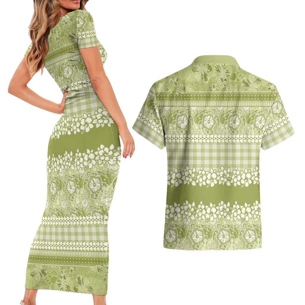 Hawaiian Hibiscus Honu Couples Matching Short Sleeve Bodycon Dress and Hawaiian Shirt Sage Green Mele Kalikimaka Palaka Spirit LT9 - Polynesian Pride
