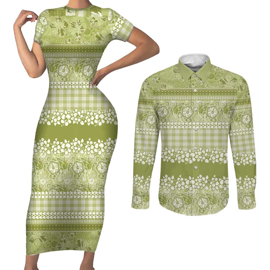 Hawaiian Hibiscus Honu Couples Matching Short Sleeve Bodycon Dress and Long Sleeve Button Shirt Sage Green Mele Kalikimaka Palaka Spirit - Polynesian Pride