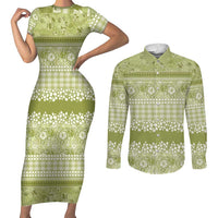 Hawaiian Hibiscus Honu Couples Matching Short Sleeve Bodycon Dress and Long Sleeve Button Shirt Sage Green Mele Kalikimaka Palaka Spirit LT9 Sage Green - Polynesian Pride