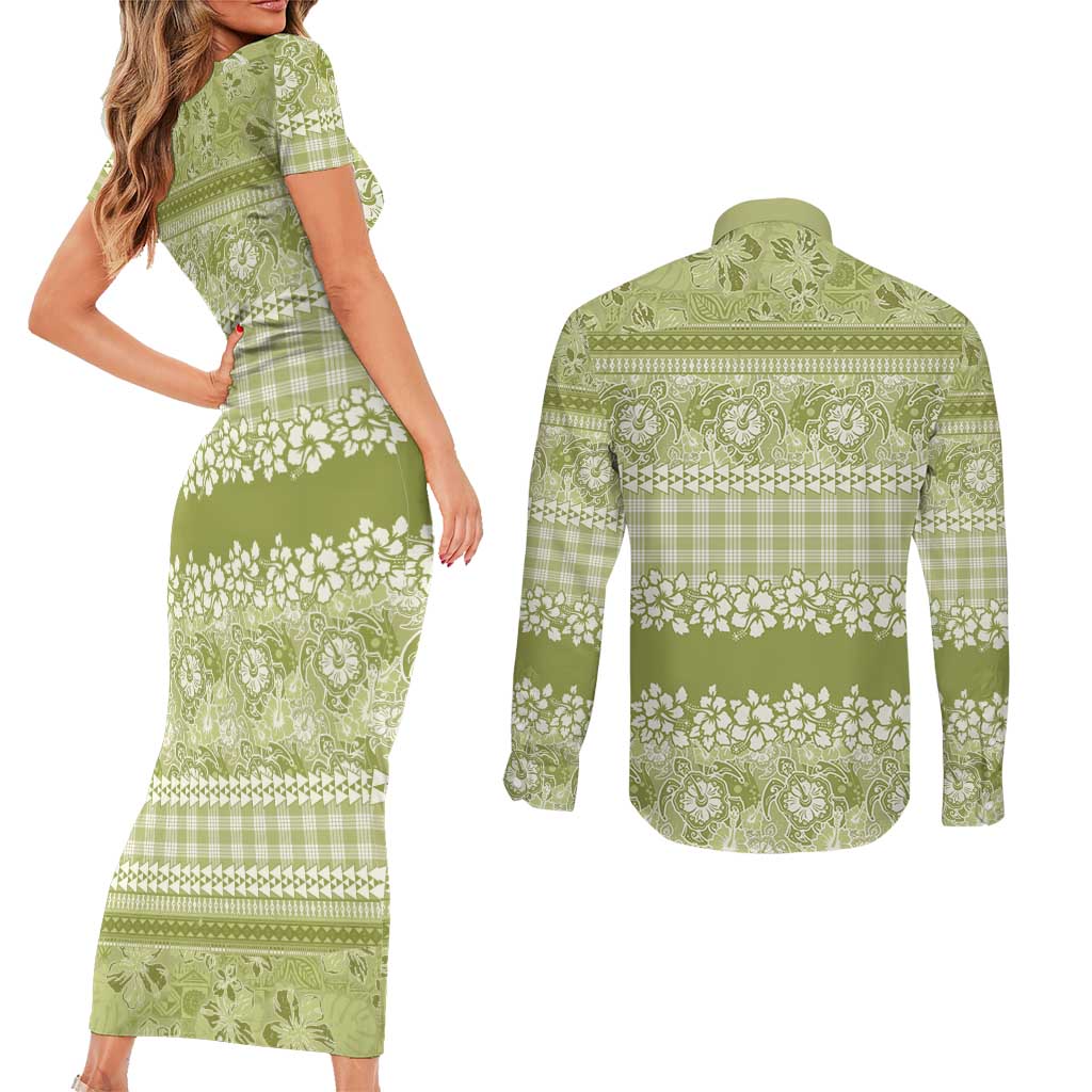 Hawaiian Hibiscus Honu Couples Matching Short Sleeve Bodycon Dress and Long Sleeve Button Shirt Sage Green Mele Kalikimaka Palaka Spirit LT9 - Polynesian Pride