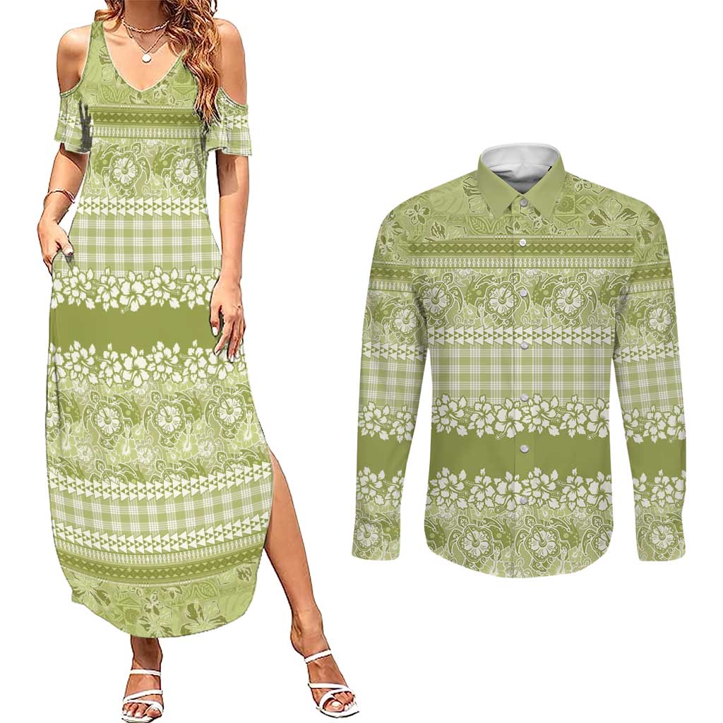 Hawaiian Hibiscus Honu Couples Matching Summer Maxi Dress and Long Sleeve Button Shirt Sage Green Mele Kalikimaka Palaka Spirit - Polynesian Pride