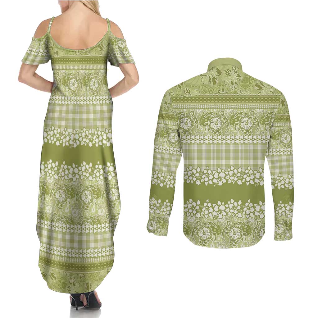 Hawaiian Hibiscus Honu Couples Matching Summer Maxi Dress and Long Sleeve Button Shirt Sage Green Mele Kalikimaka Palaka Spirit LT9 - Polynesian Pride