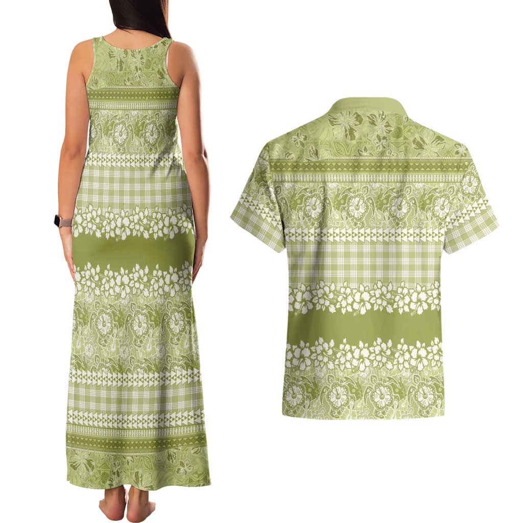 Hawaiian Hibiscus Honu Couples Matching Tank Maxi Dress and Hawaiian Shirt Sage Green Mele Kalikimaka Palaka Spirit LT9 - Polynesian Pride